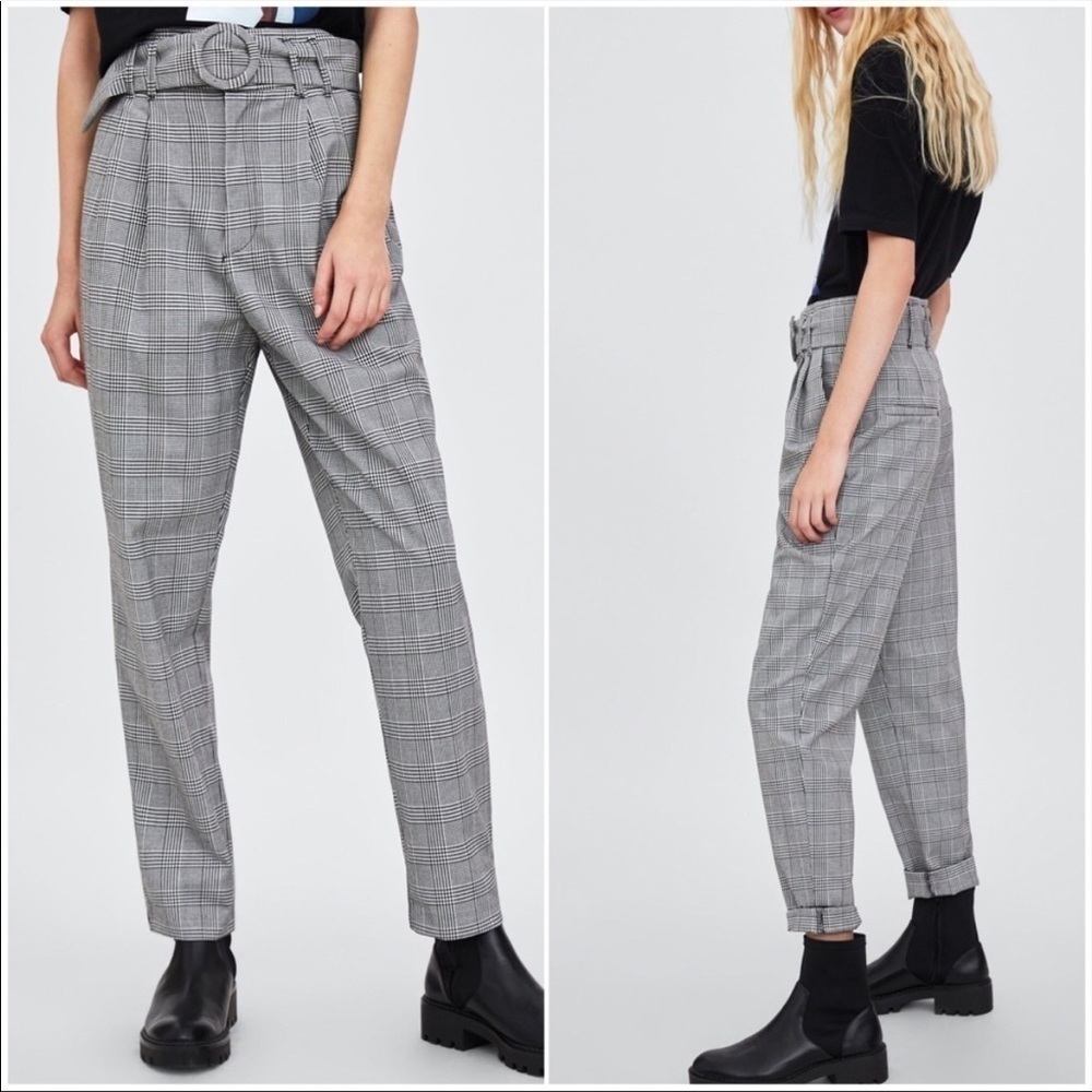 Zara Plaid Pleated High Waist Paperbag Pants Trouser Size XS